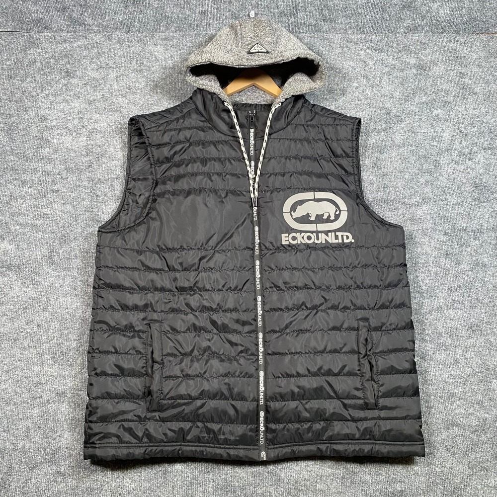 Ecko‎ Unltd Mens XL Black Quilted Puffer Vest Hooded Rhino Logo Full Zip